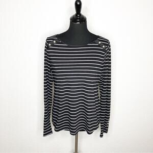 WHBM black white striped silver button shoulder knit top size Medium